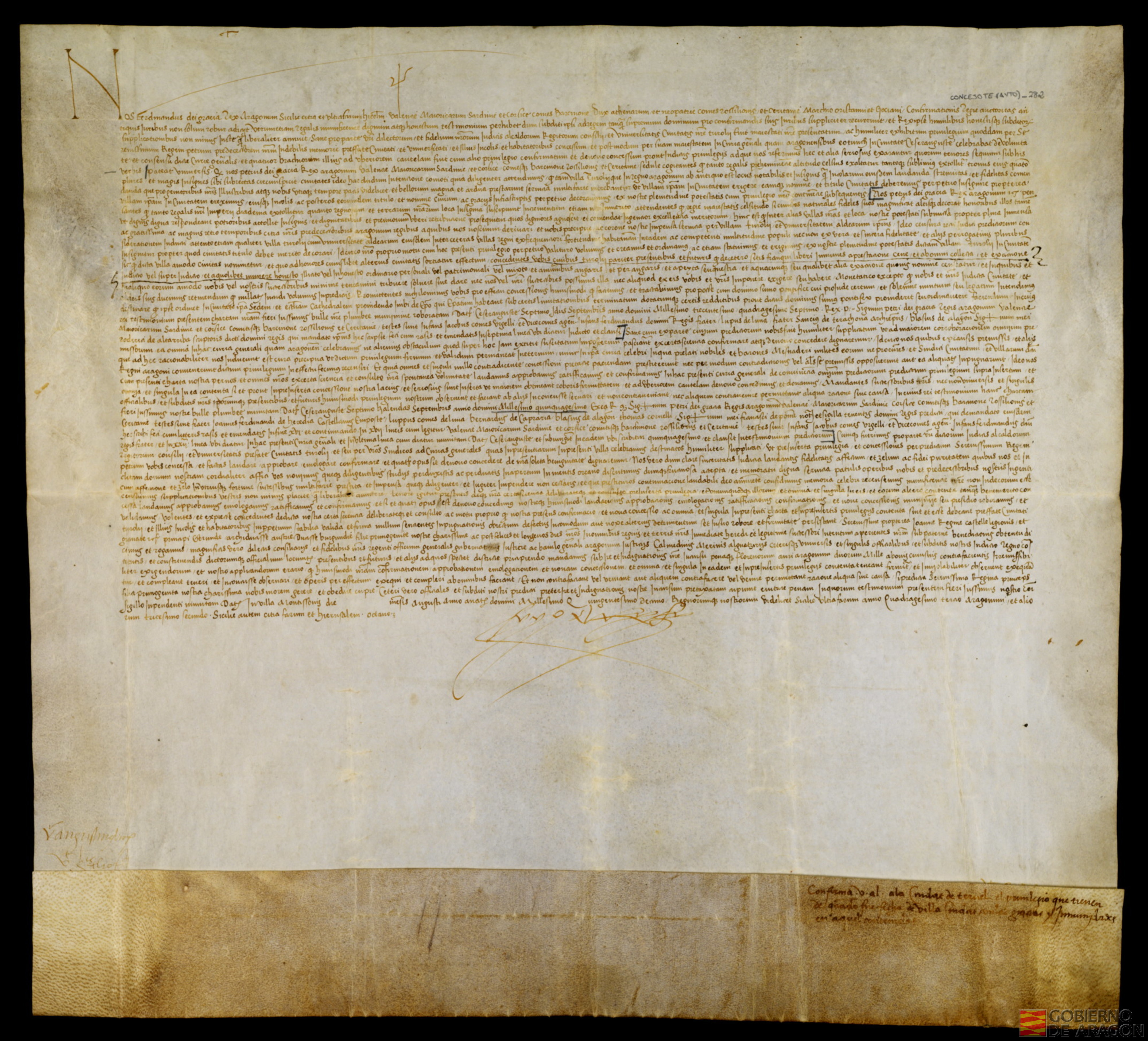 Privilegio del rey don Fernando por el que confirma el dado por Pedro IV, concediendo a Teruel el titulo de ciudad